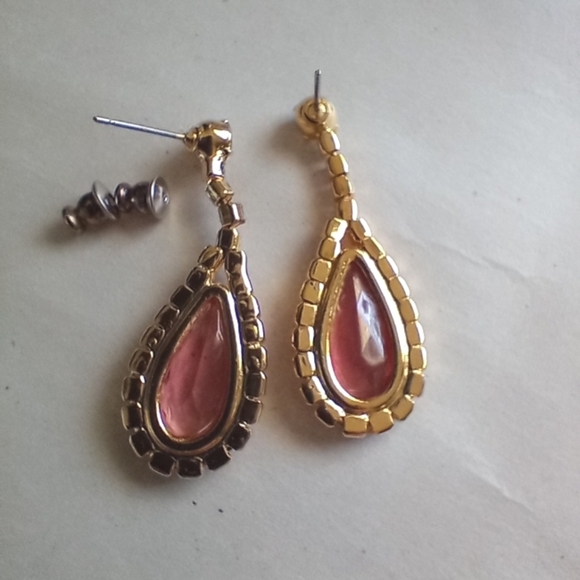 Pink Rhinestone Earrings Teardrop Pear Cut Clear Rhinestone Costume 1.5" Dangle - Picture 4 of 4